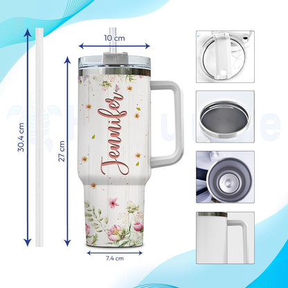 Floral Highland Cow Tumbler 40oz with Handle & Straw – Personalized Stainless Steel Insulated Travel Cup with Lid – Creative Gift for Cow Lovers