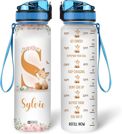 Floral Fox Theme Water Bottle Tracker 32oz – Personalized Motivational Bottle with Time Marker – Cute Gift for Animal Lovers