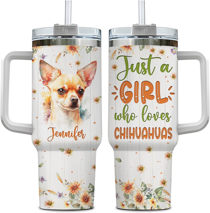 Chihuahua Lover Tumbler 40oz with Handle & Straw – Personalized Stainless Steel Insulated Mug with Lid – Cute Gift for Dog Moms