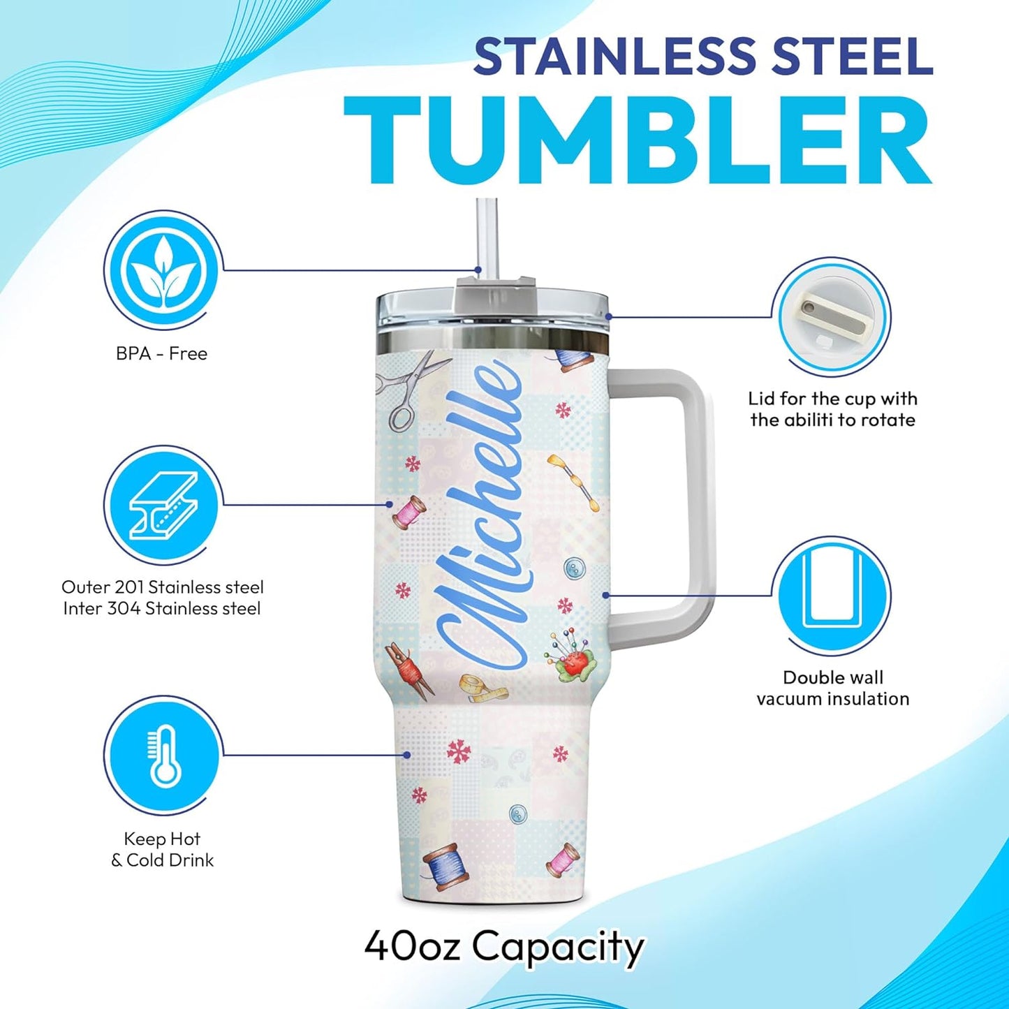Quilting Patchwork Tumbler 40oz with Handle & Straw – Personalized Stainless Steel Insulated Travel Cup with Lid – Unique Gift for Quilters