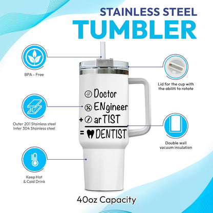 Funny Dentist Tumbler 40oz with Handle & Straw – Personalized Stainless Steel Travel Cup with Lid – Creative Gift for Dental Professionals