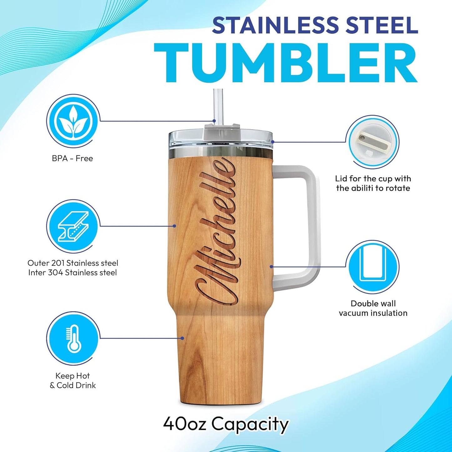 Rustic Wood Owl Tumbler 40oz with Handle & Straw – Personalized Stainless Steel Insulated Cup with Lid – Unique Gift for Owl Lovers