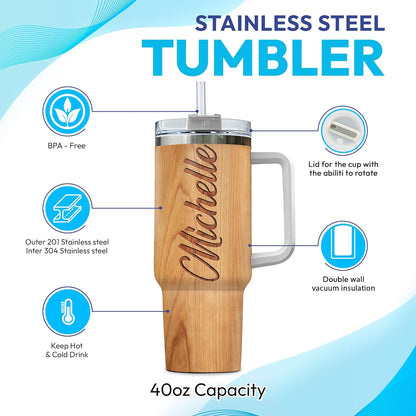 Rustic Wood Owl Tumbler 40oz with Handle & Straw – Personalized Stainless Steel Insulated Cup with Lid – Unique Gift for Owl Lovers