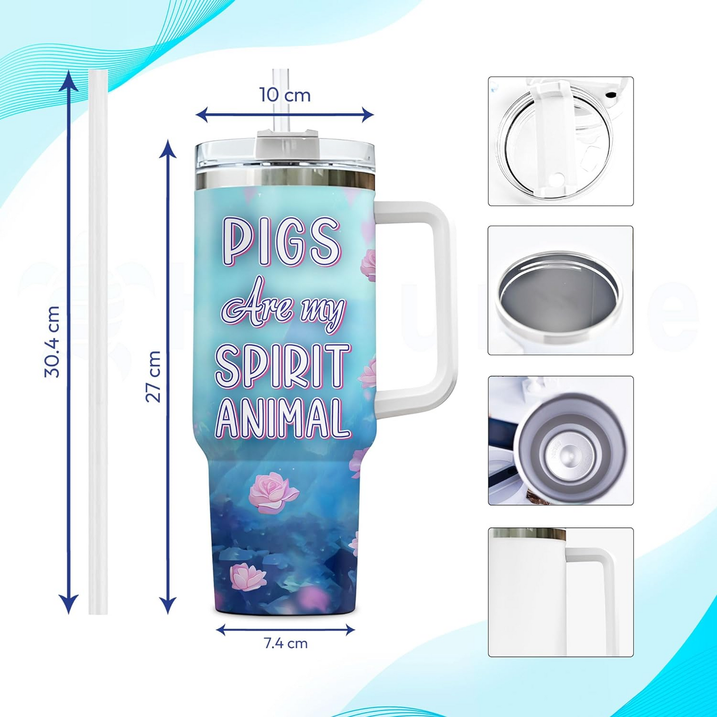 Pig Lover Tumbler 40oz with Handle & Straw – Personalized Stainless Steel Insulated Travel Cup with Lid – Cute Birthday & Christmas Gift for Animal Lovers