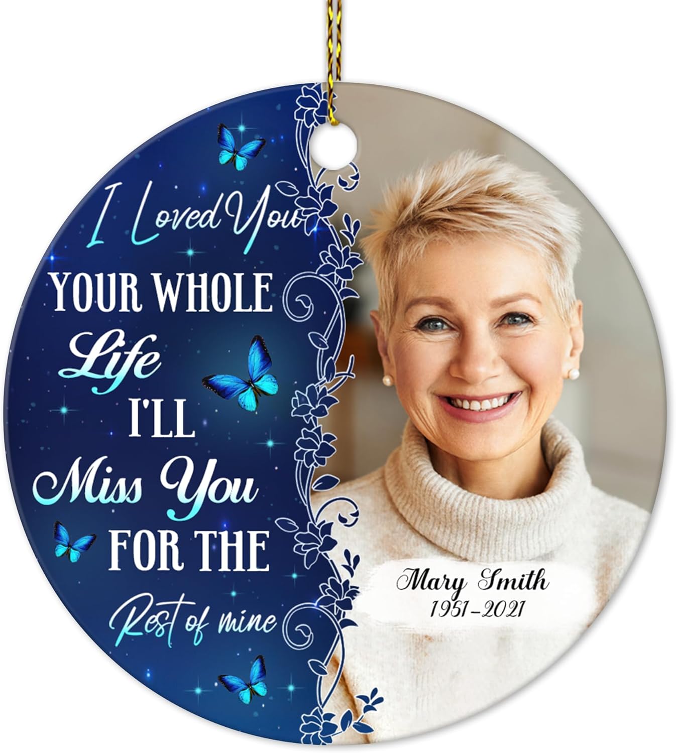 Blue Butterflies Memorial Ceramic Ornament – Personalized Photo Remembrance Gift for Loss of Loved One at Christmas