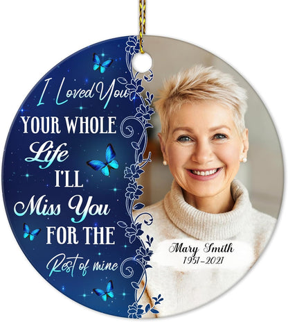 Blue Butterflies Memorial Ceramic Ornament – Personalized Photo Remembrance Gift for Loss of Loved One at Christmas