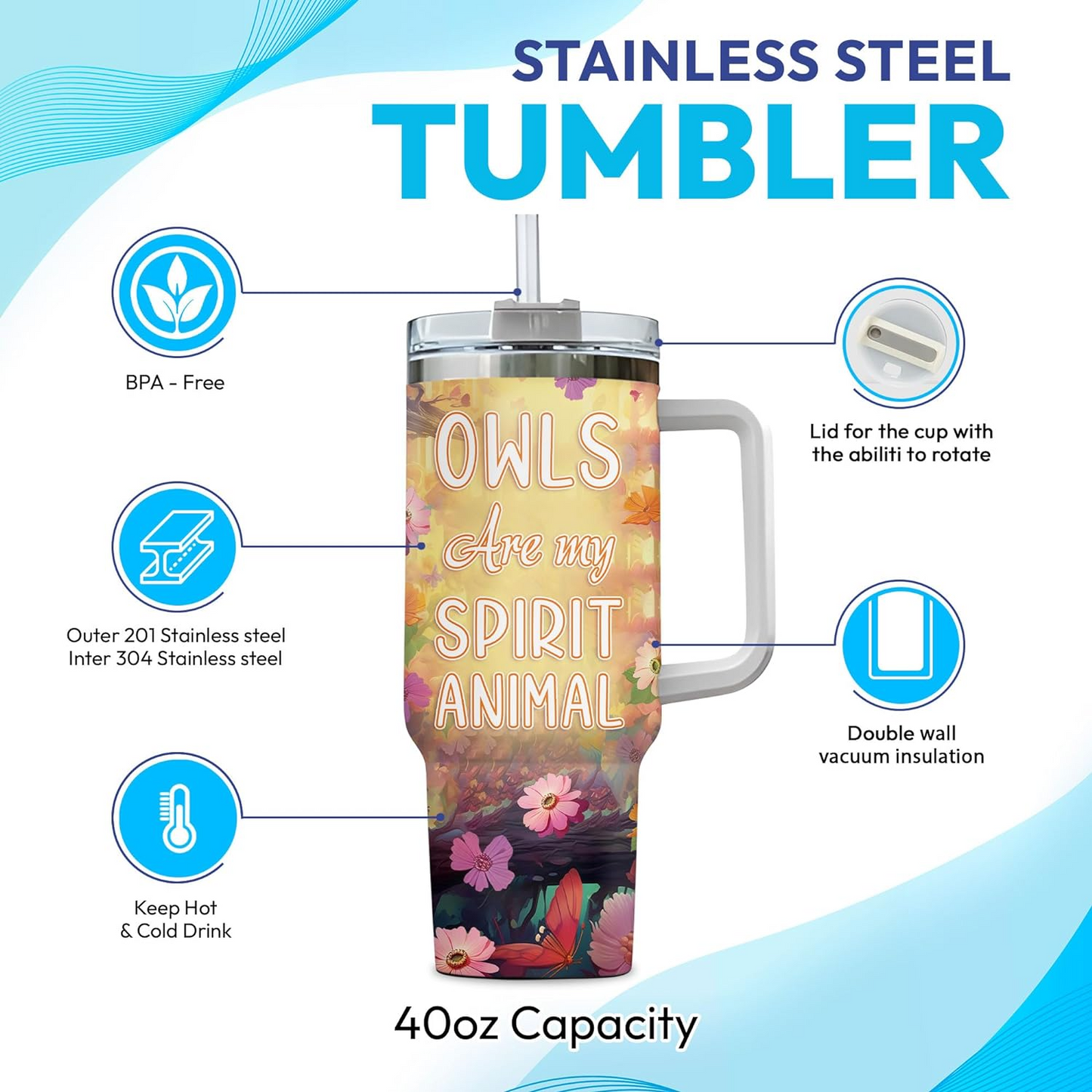 Colorful Owl Tumbler 40oz with Handle & Straw – Personalized Stainless Steel Cup with Lid – Cute Bird Lover Gift for Women & Girls