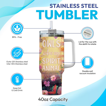 Colorful Owl Tumbler 40oz with Handle & Straw – Personalized Stainless Steel Cup with Lid – Cute Bird Lover Gift for Women & Girls