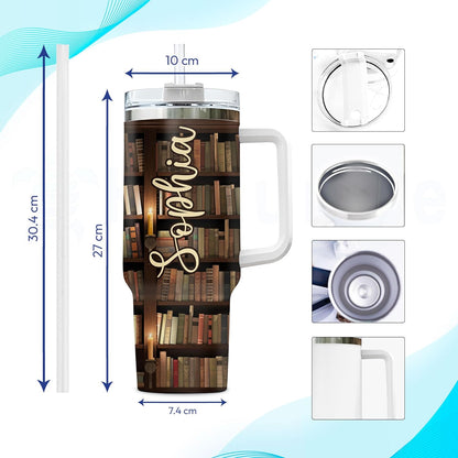 Book Lover Library Tumbler 40oz with Handle & Straw – Personalized Stainless Steel Insulated Travel Cup with Lid – Creative Gift for Readers