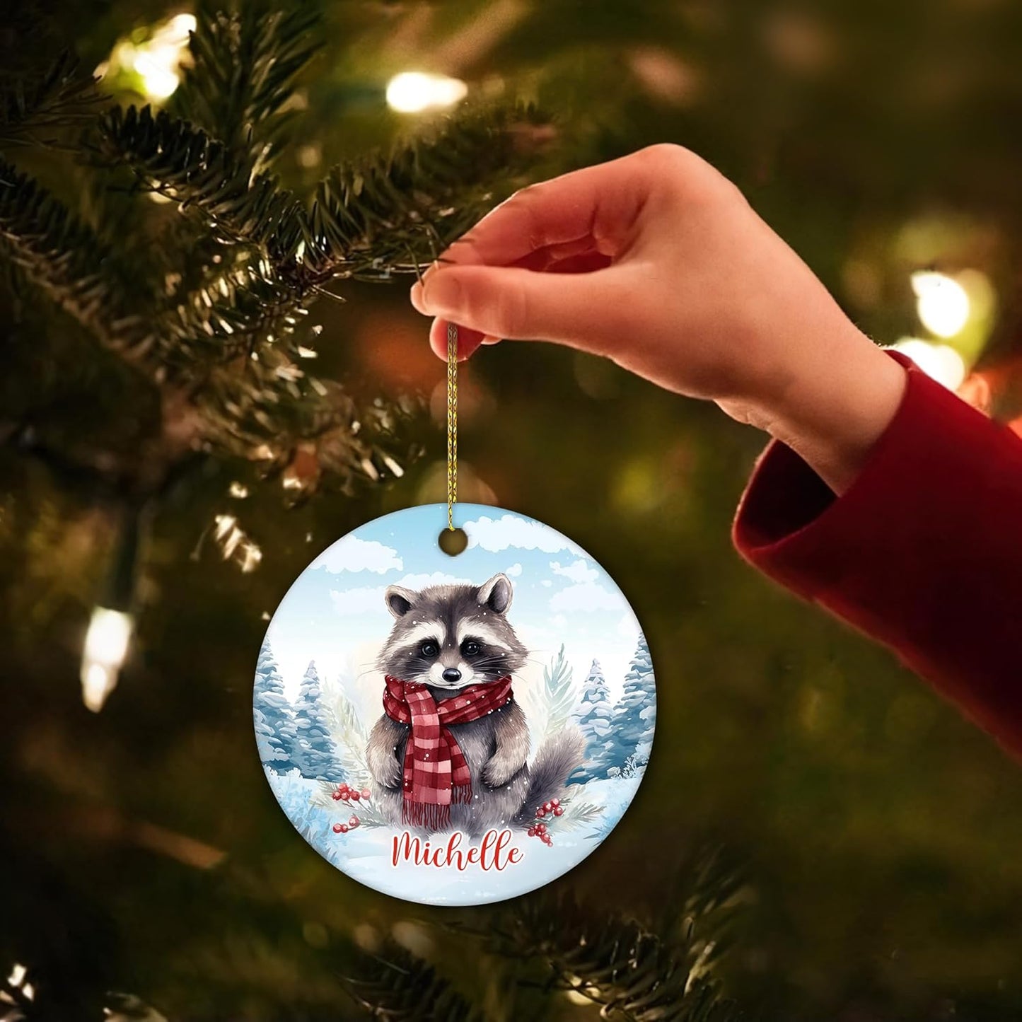 Winter Raccoon Scarf Ceramic Ornament – Personalized Name, Custom Christmas Gift for Women, Animal Lover or Woodland Cabin Decor
