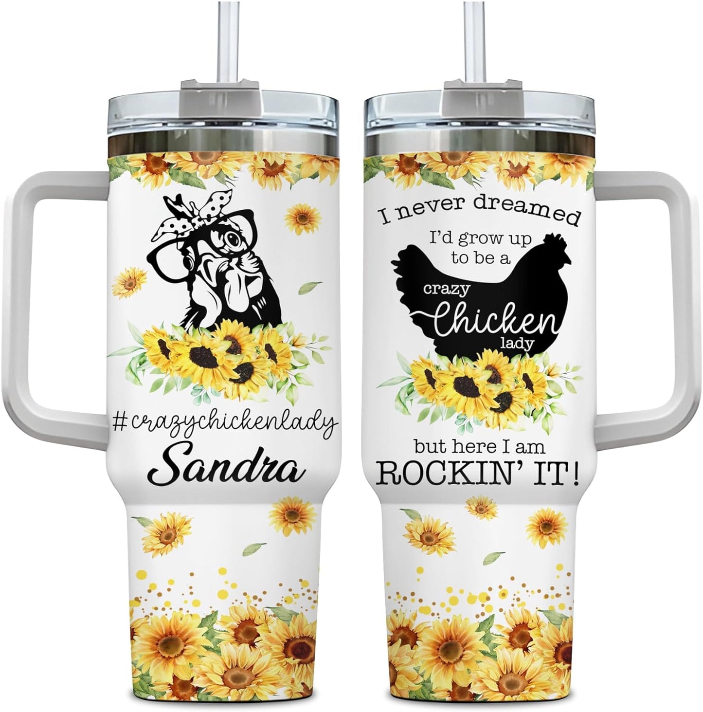 Sunflower Chicken Lady Tumbler 40oz with Handle & Straw – Personalized Stainless Steel Insulated Cup with Lid – Fun Gift for Farm Animal Lovers