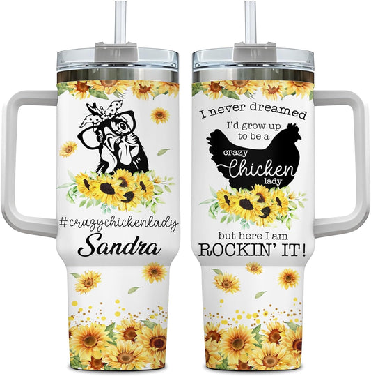 Sunflower Chicken Lady Tumbler 40oz with Handle & Straw – Personalized Stainless Steel Insulated Cup with Lid – Fun Gift for Farm Animal Lovers