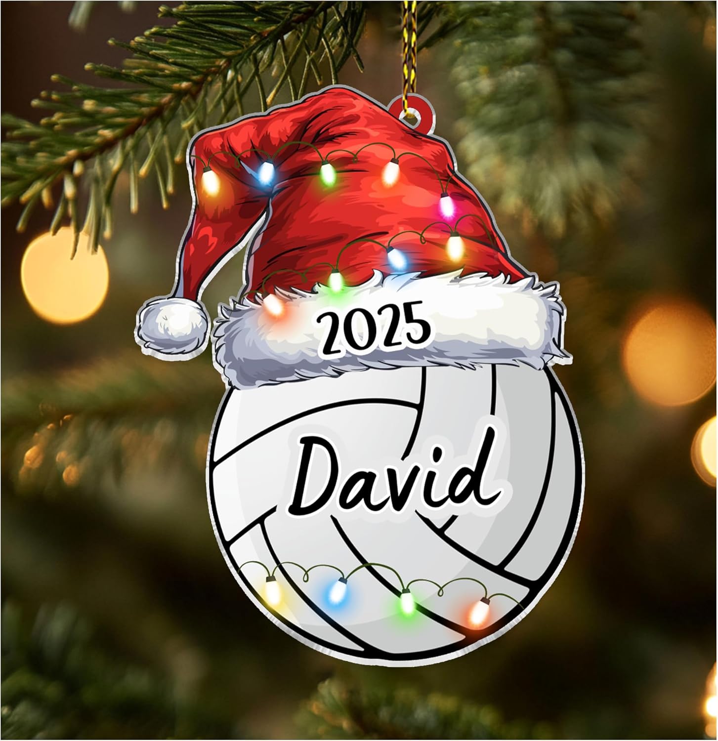 Volleyball with Santa hat cut acrylic ornament – personalized 2D flat silhouette, custom name holiday gift for volleyball player, coach or team parent