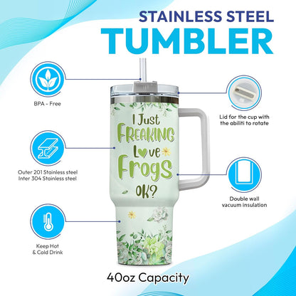 Floral Frog Tumbler 40oz with Handle & Straw – Personalized Stainless Steel Insulated Travel Cup with Lid – Fun Gift for Frog Lovers