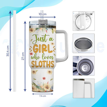 Sloth Floral Tumbler 40oz – Personalized Stainless Steel Insulated Cup with Handle & Straw – Unique Gift for Sloth Lovers