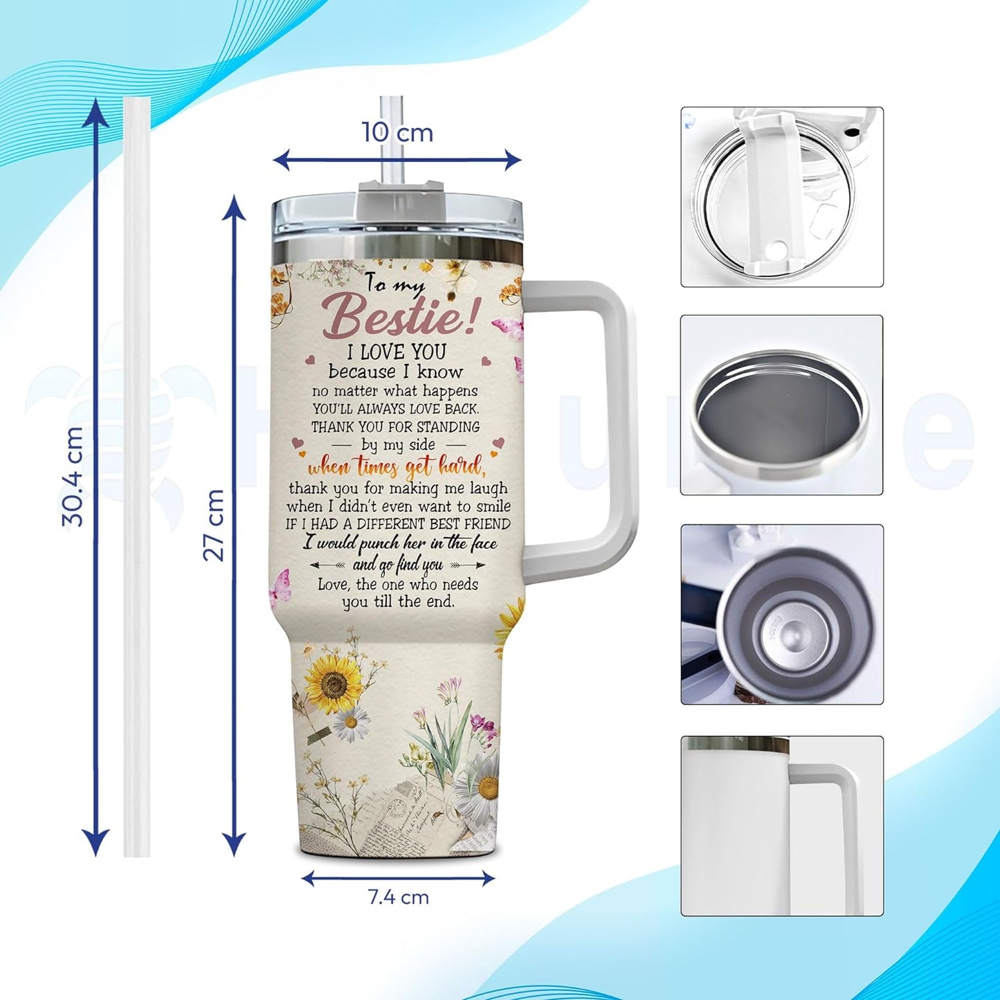 Best Friend Tumbler 40oz with Handle & Straw – Personalized Stainless Steel Insulated Cup with Lid – Unique Birthday Gift for Besties