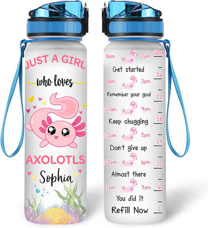 Just A Girl Who Loves Axolotls - Personalized Water Tracker Bottle 32oz