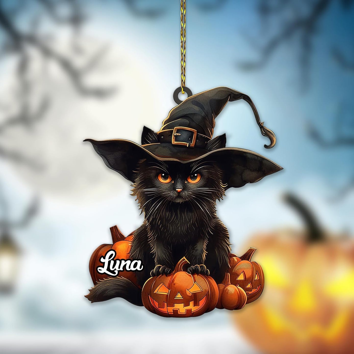 Black Cat with Pumpkins Cut Acrylic Ornament – Personalized Halloween Gift for Cat Lover or Witchy Décor Enthusiast