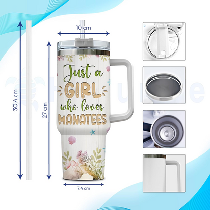 Manatee Ocean Lover Tumbler 40oz – Personalized Stainless Steel Travel Cup with Handle & Straw, Watercolor Marine Design – Unique Gift for Women & Girls