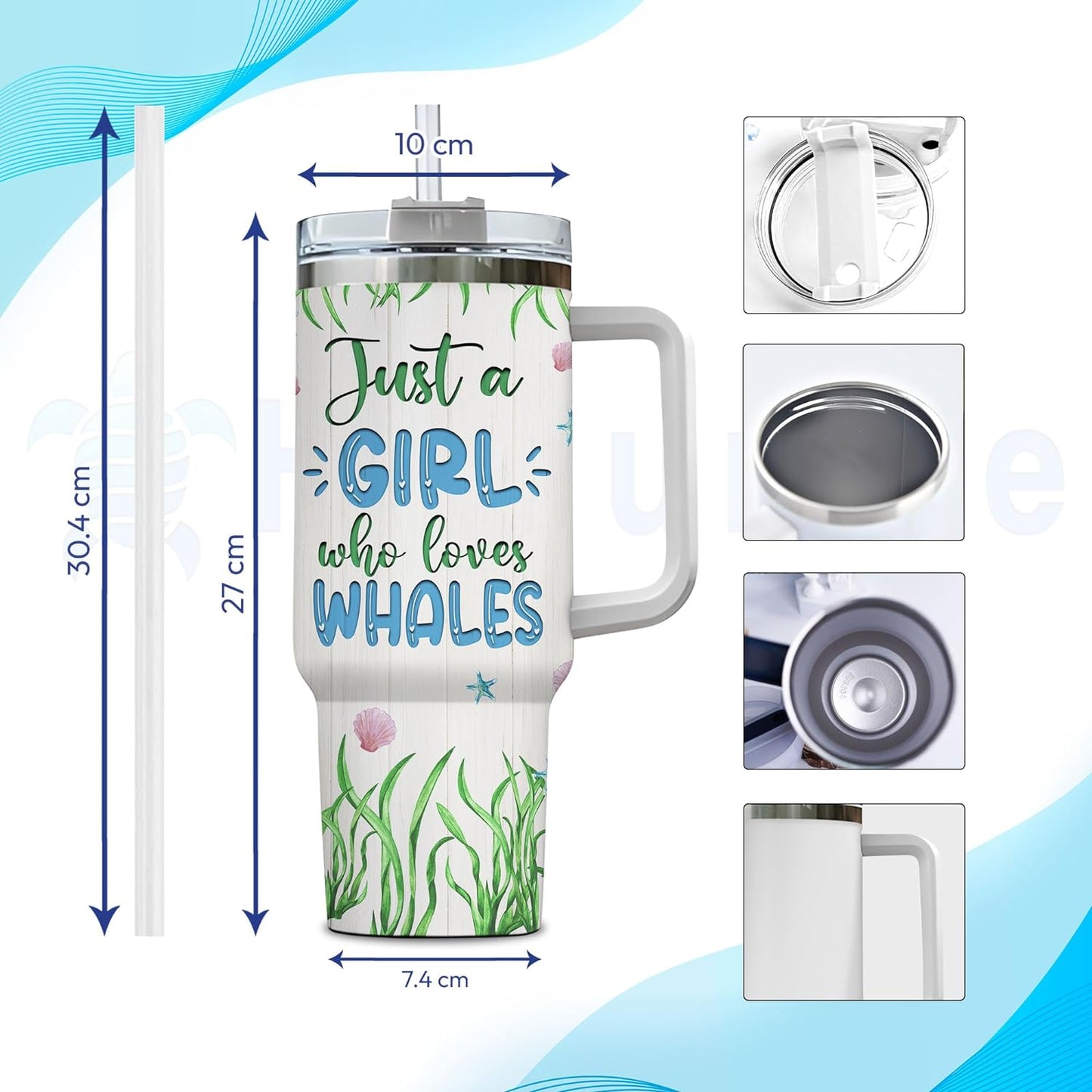 Whale Ocean Lover Tumbler 40oz – Personalized Stainless Steel Insulated Cup with Handle & Straw, Watercolor Marine Art – Stylish Gift for Women & Girls