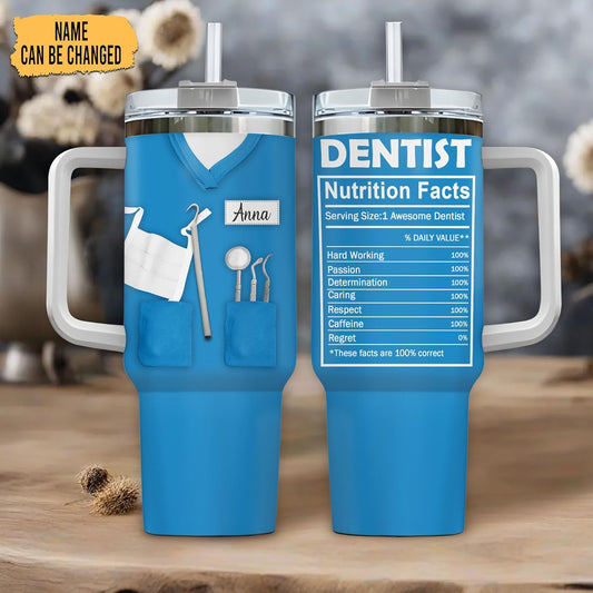 Dentist Scrub Tumbler 40oz with Handle & Straw – Personalized Stainless Steel Insulated Travel Cup with Lid – Creative Gift for Dental Lovers