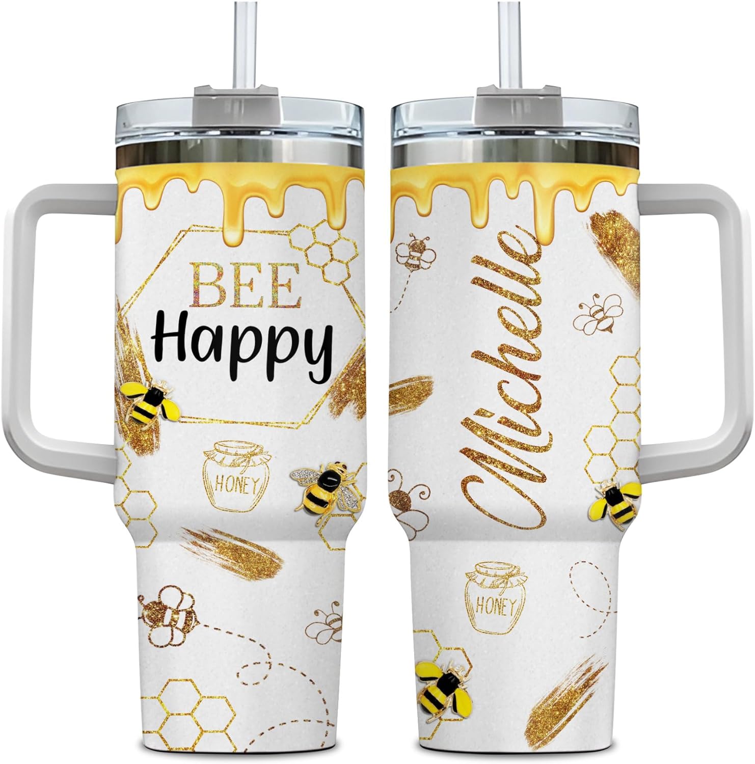 Bee Happy Tumbler - Personalized Tumbler 40oz with Straw