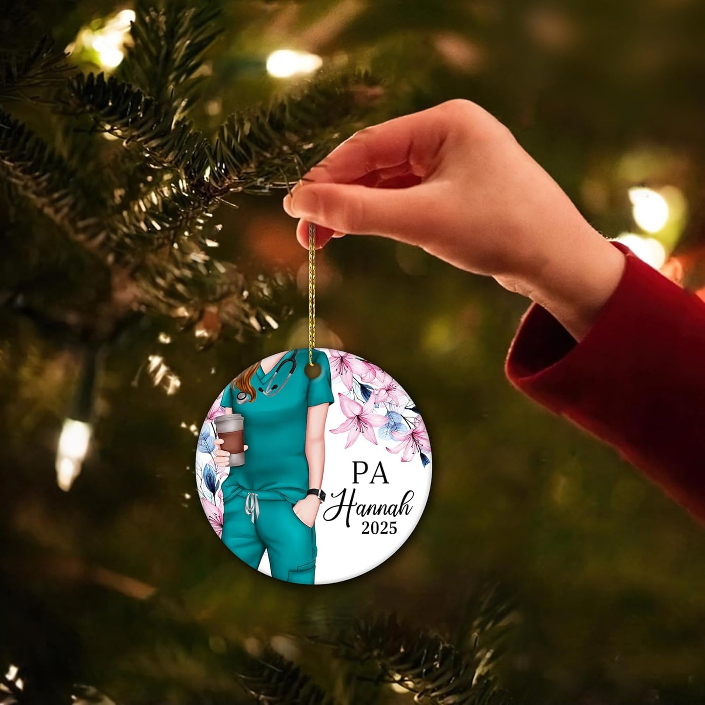 Physician Assistant Scrubs with Florals Ceramic Circle Ornament – Personalized Christmas Gift for PA Student, Grad or Healthcare Hero