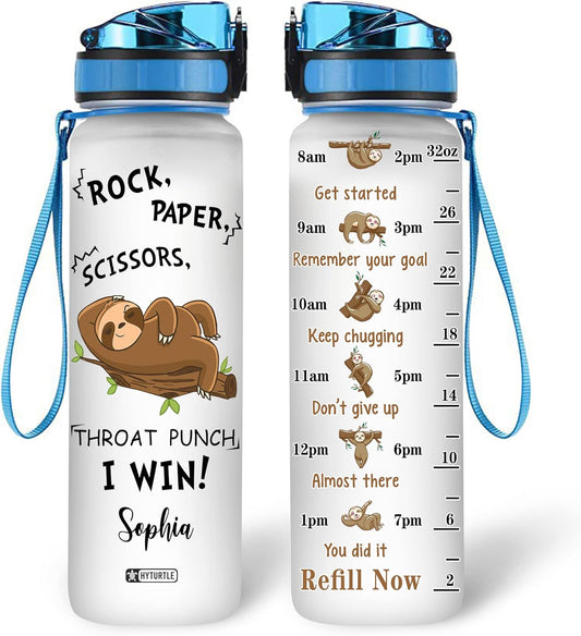 Rock Paper Scissors Sloth Water Bottle Tracker 32oz – Personalized Funny Gift for Teens, Friends & Sloth Lovers