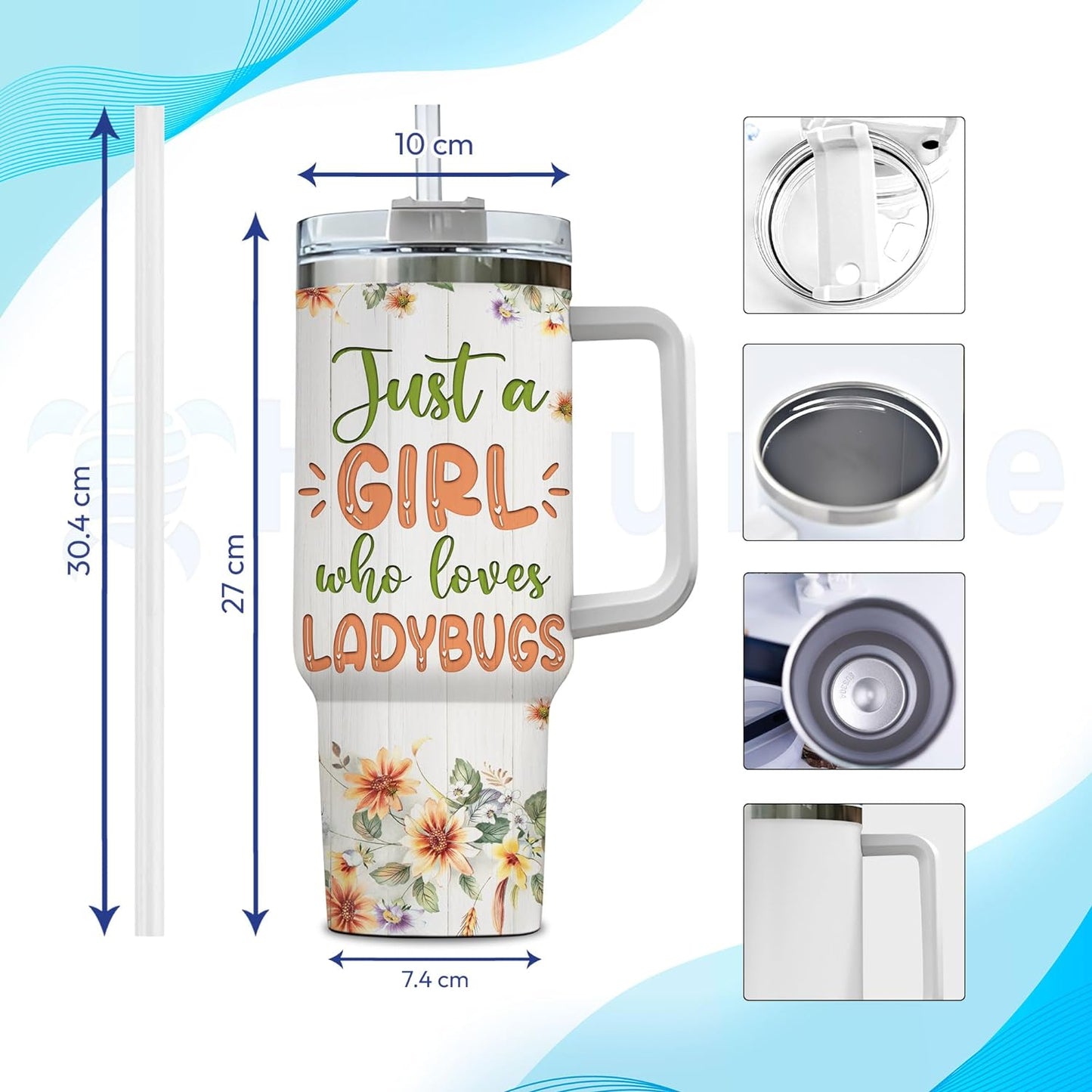 Ladybug Lover Tumbler 40oz with Handle & Straw – Personalized Stainless Steel Travel Mug with Lid – Cute Gift for Insect Lovers