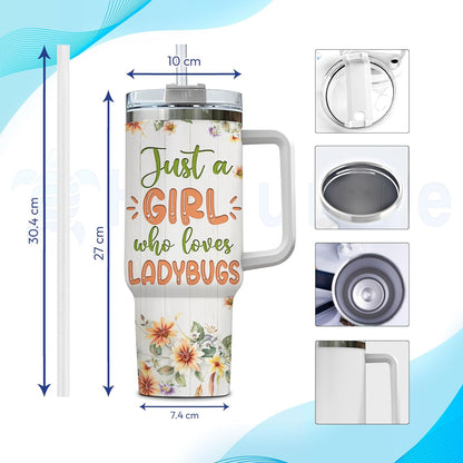 Ladybug Lover Tumbler 40oz with Handle & Straw – Personalized Stainless Steel Travel Mug with Lid – Cute Gift for Insect Lovers