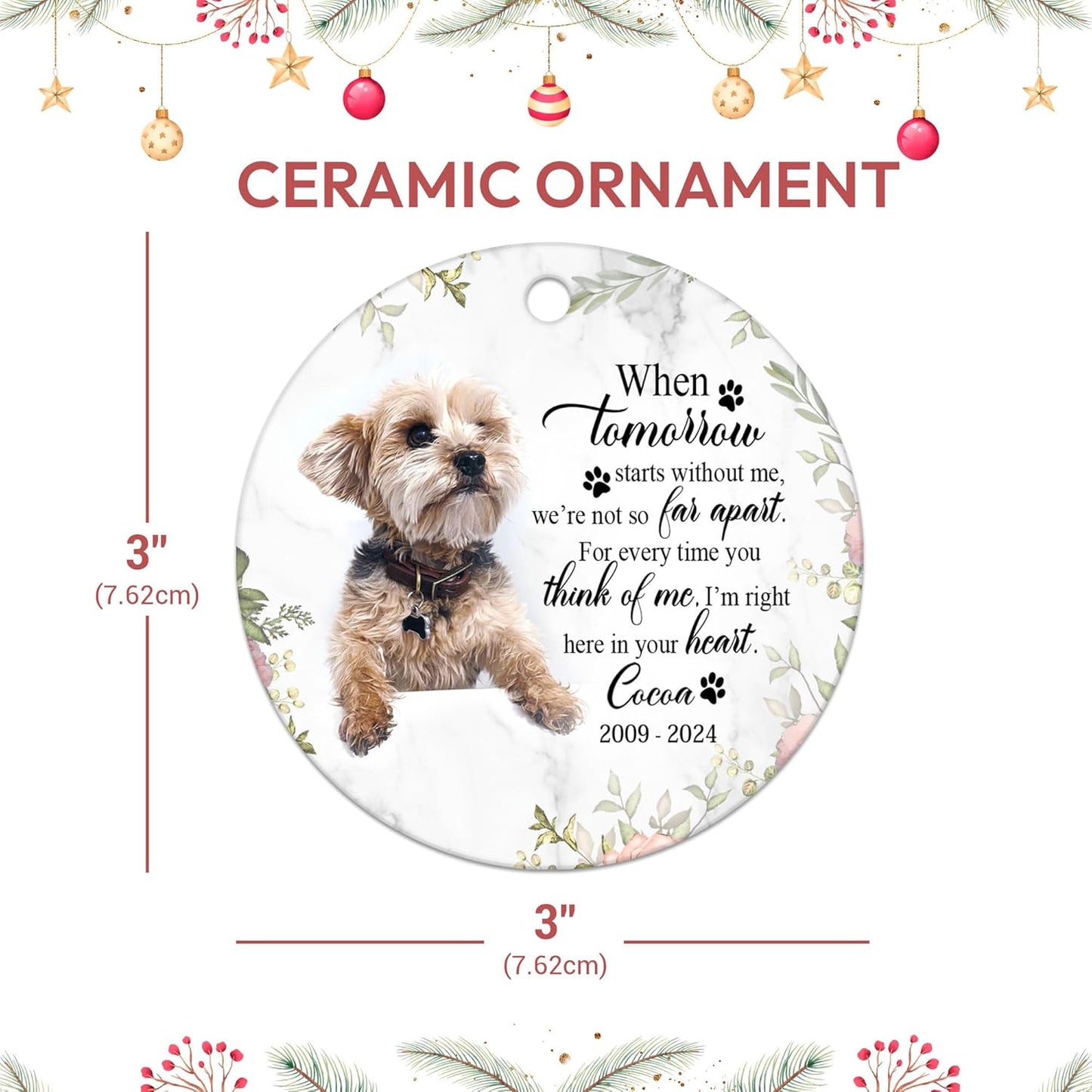 Dog Memorial Photo Ceramic Ornament – Personalized Custom Name Circle Keepsake, Sympathy Christmas Gift for Pet Loss for Dog Mom or Dad