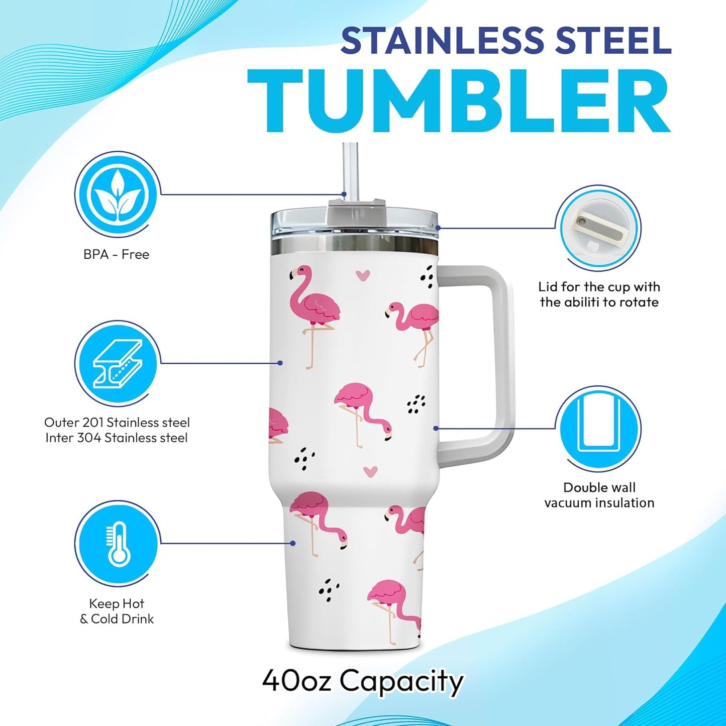 Pink Flamingo Tumbler 40oz with Handle & Straw – Personalized Stainless Steel Insulated Cup with Lid – Stylish Gift for Flamingo Lovers
