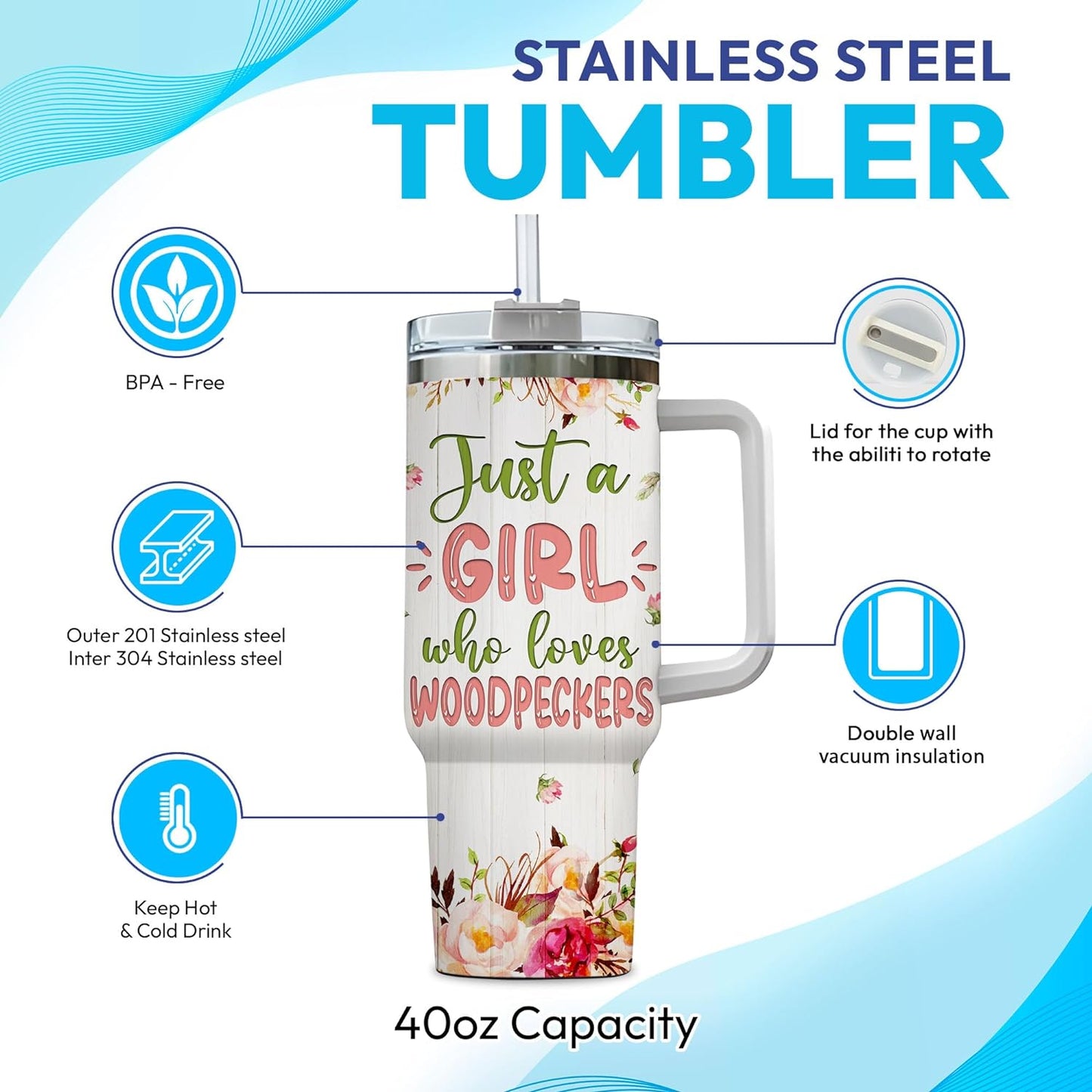 Woodpecker Lover Tumbler 40oz with Handle & Straw – Personalized Stainless Steel Travel Cup with Lid – Creative Gift for Bird Enthusiasts