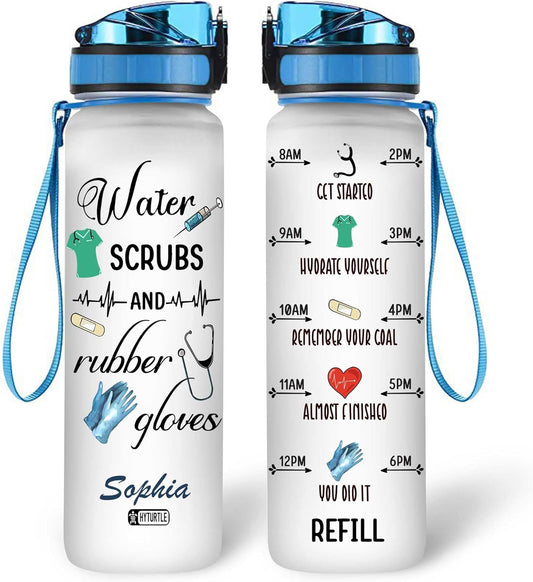 Nurse Scrubs & Gloves Water Bottle Tracker 32oz – Personalized Appreciation Gift for Nurses & Coworkers