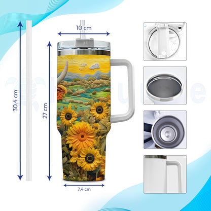 Highland Cow & Sunflower Tumbler 40oz with Handle & Straw – Personalized Stainless Steel Insulated Travel Cup with Lid – Farm Animal Lover Gift for Women