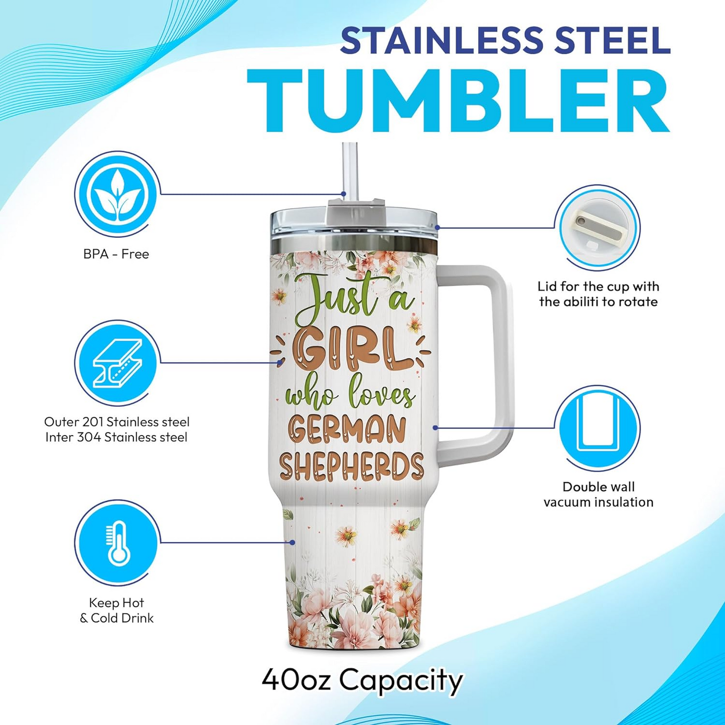 German Shepherd Lover Tumbler 40oz with Handle & Straw – Personalized Stainless Steel Cup with Lid – Thoughtful Gift for Dog Lovers