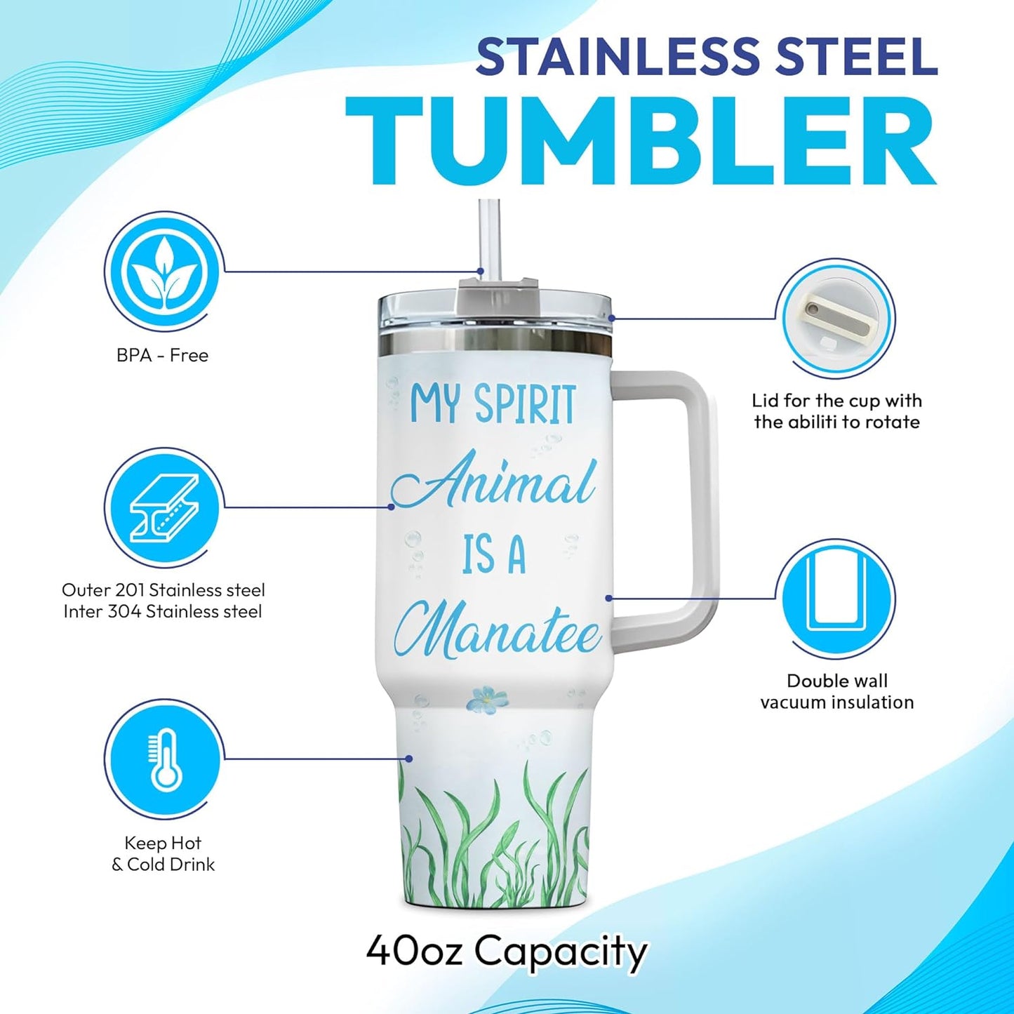 Manatee Ocean Theme Tumbler 40oz with Handle & Straw – Personalized Stainless Steel Insulated Cup with Lid – Cute Gift for Sea Animal Lovers