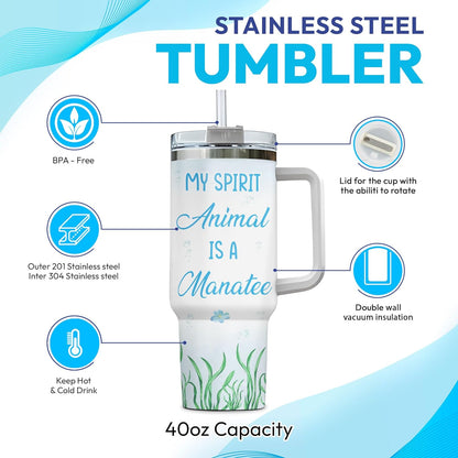 Manatee Ocean Theme Tumbler 40oz with Handle & Straw – Personalized Stainless Steel Insulated Cup with Lid – Cute Gift for Sea Animal Lovers