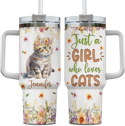 Cat Floral 40oz Tumbler with Handle & Straw – Personalized Stainless Steel Insulated Cup with Lid – Cute Gift for Cat Lovers
