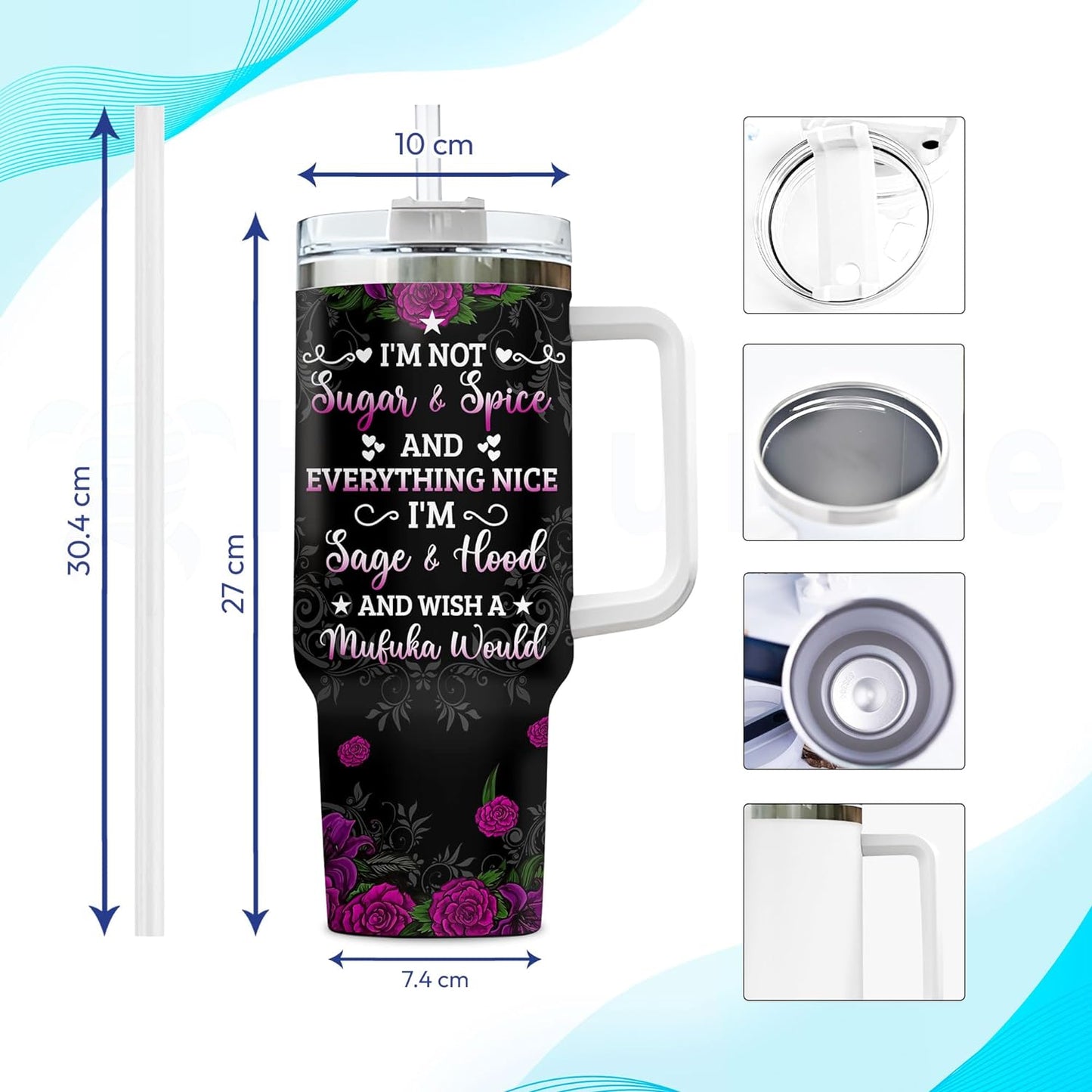 Gothic Sugar Skull Tumbler 40oz with Handle & Straw – Personalized Stainless Steel Insulated Travel Cup with Lid – Unique Gothic Gift for Women