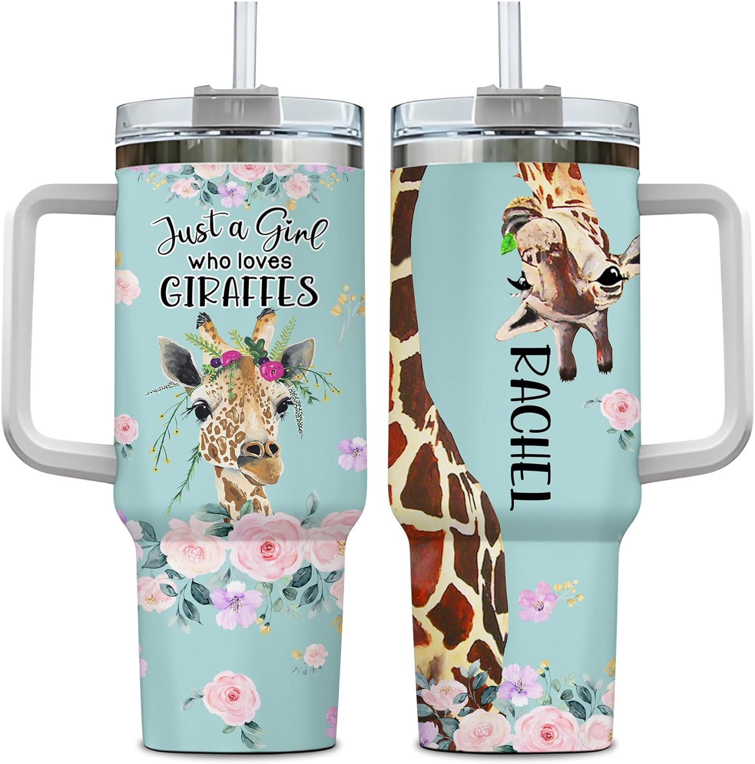 Giraffe Tumbler 40oz with Handle & Straw – Personalized Stainless Steel Insulated Travel Cup with Lid – Unique Gift for Animal Lovers