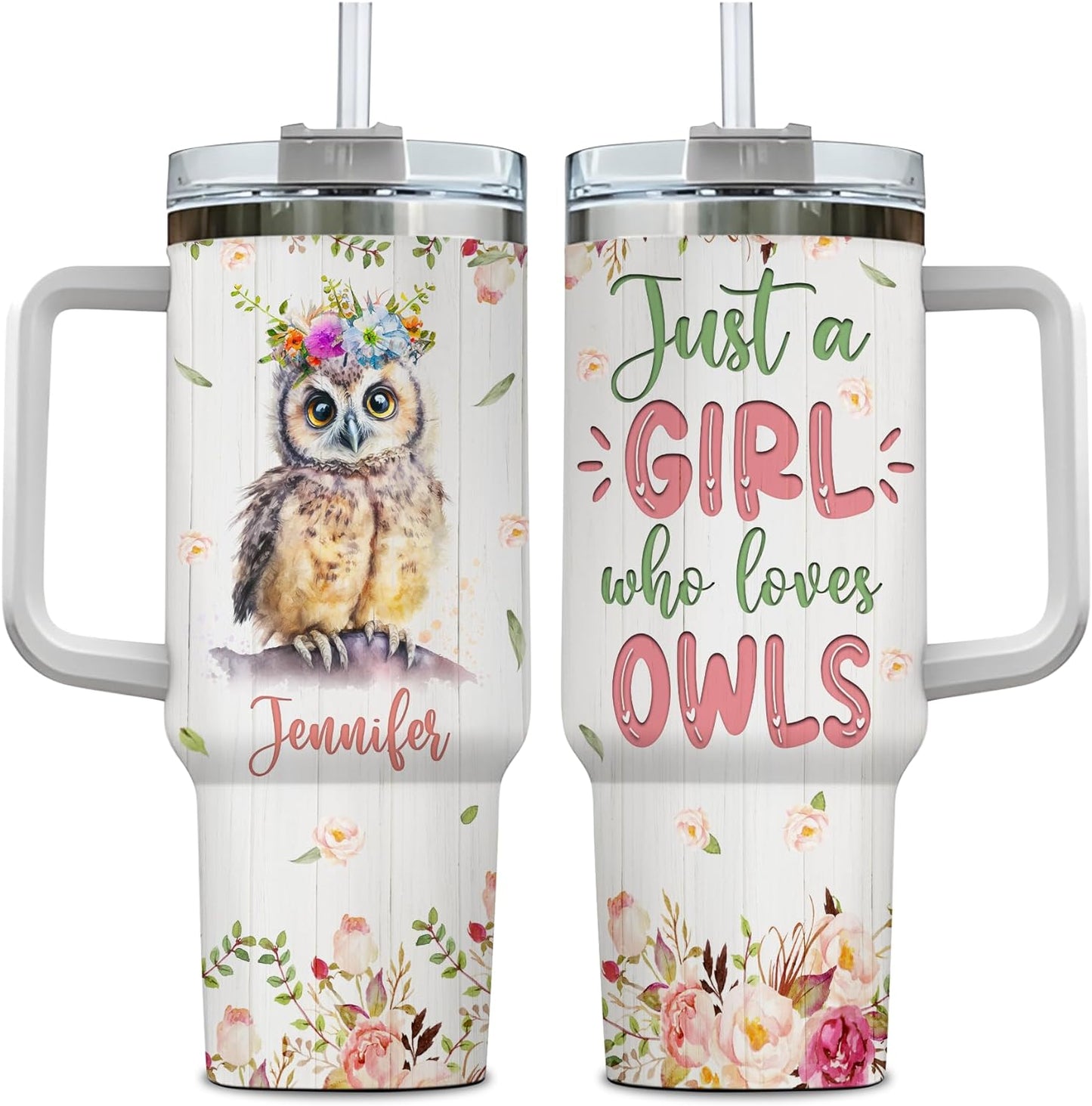 Owl Floral 40oz Tumbler with Handle & Straw – Personalized Stainless Steel Insulated Travel Cup with Lid – Stylish Gift for Animal Lovers