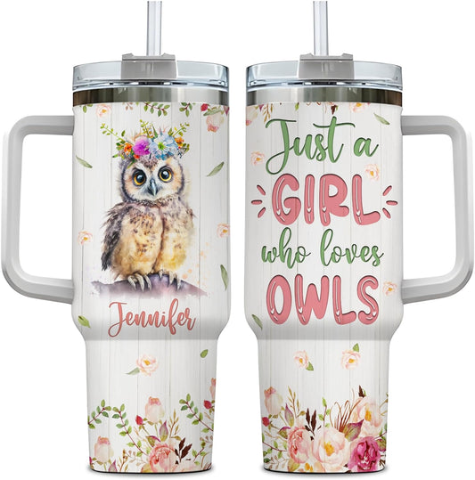 Owl Floral 40oz Tumbler with Handle & Straw – Personalized Stainless Steel Insulated Travel Cup with Lid – Stylish Gift for Animal Lovers