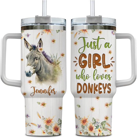 Donkey Lover Tumbler 40oz with Handle & Straw – Personalized Stainless Steel Insulated Travel Cup with Lid – Unique Gift for Animal Lovers
