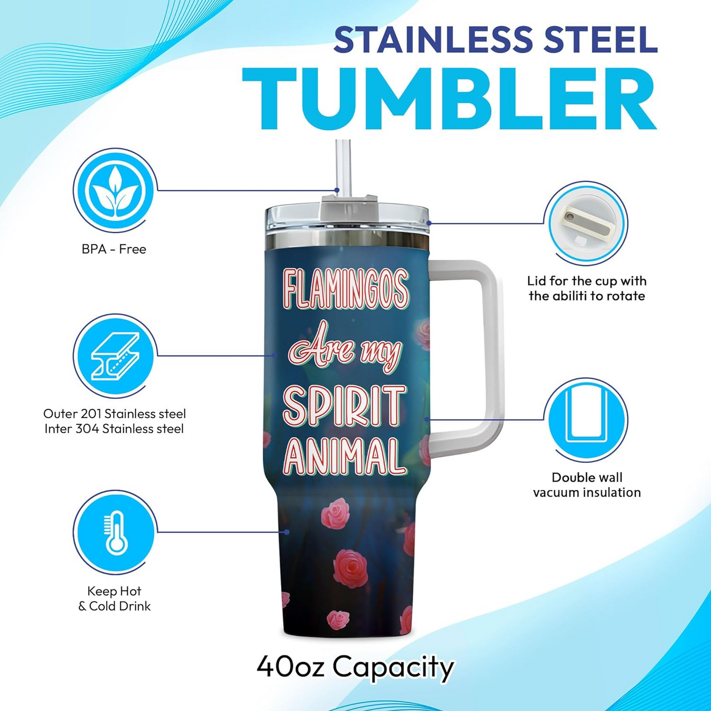 Flamingo Lover Tumbler 40oz with Handle & Straw – Personalized Stainless Steel Insulated Cup with Lid – Stylish Birthday Gift for Animal Lovers