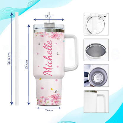 Pink Butterfly Floral Tumbler 40oz – Personalized Stainless Steel Insulated Cup with Handle & Straw – Unique Gift for Butterfly Lovers