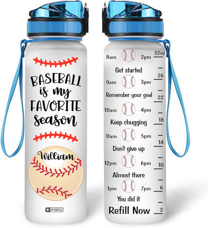 Baseball Is My Favorite Season Water Bottle Tracker 32oz – Personalized Sports Hydration Bottle with Time Marker – Gift for Baseball Fans