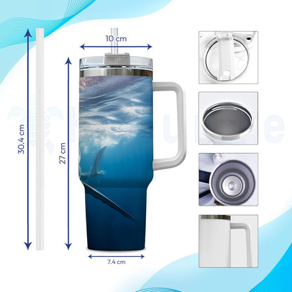 Great White Shark Tumbler 40oz – Personalized Stainless Steel Insulated Cup with Handle & Straw – Bold Gift for Shark Lovers