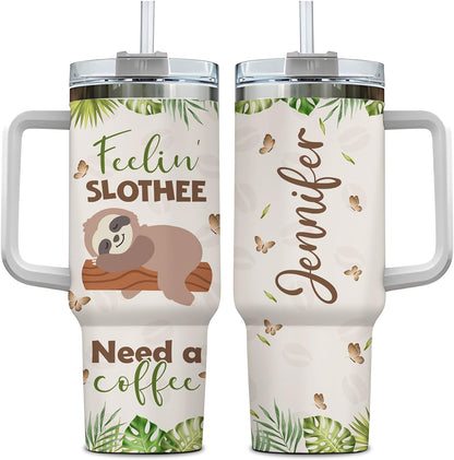 Funny Sloth Coffee Tumbler 40oz with Handle & Straw – Personalized Stainless Steel Travel Cup with Lid – Creative Gift for Animal Lovers