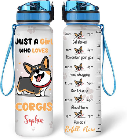 Cute Corgi Lovers Water Bottle Tracker 32oz – Personalized Dog Bottle with Time Marker – Fun Gift for Corgi Owners & Girls